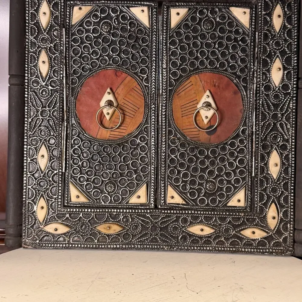 Vintage Moroccan Wall Mirror With Camel Bone Inlay, Leather, And Metalwork